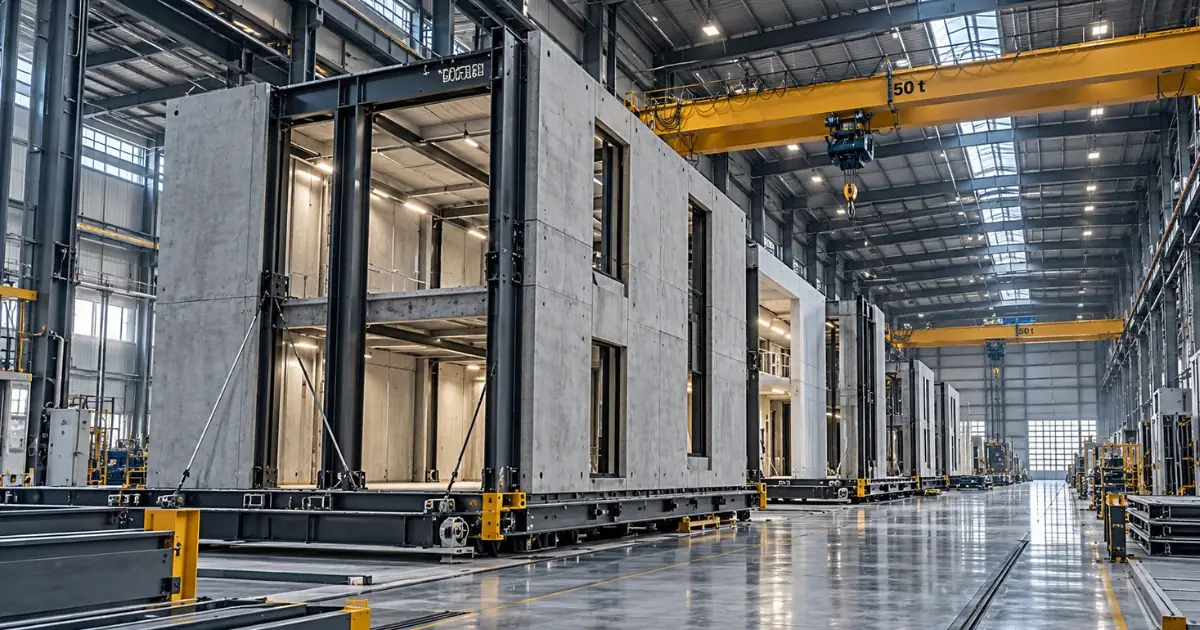 Construcción industrializada: módulos prefabricados en nave industrial listos para ensamblar en obra